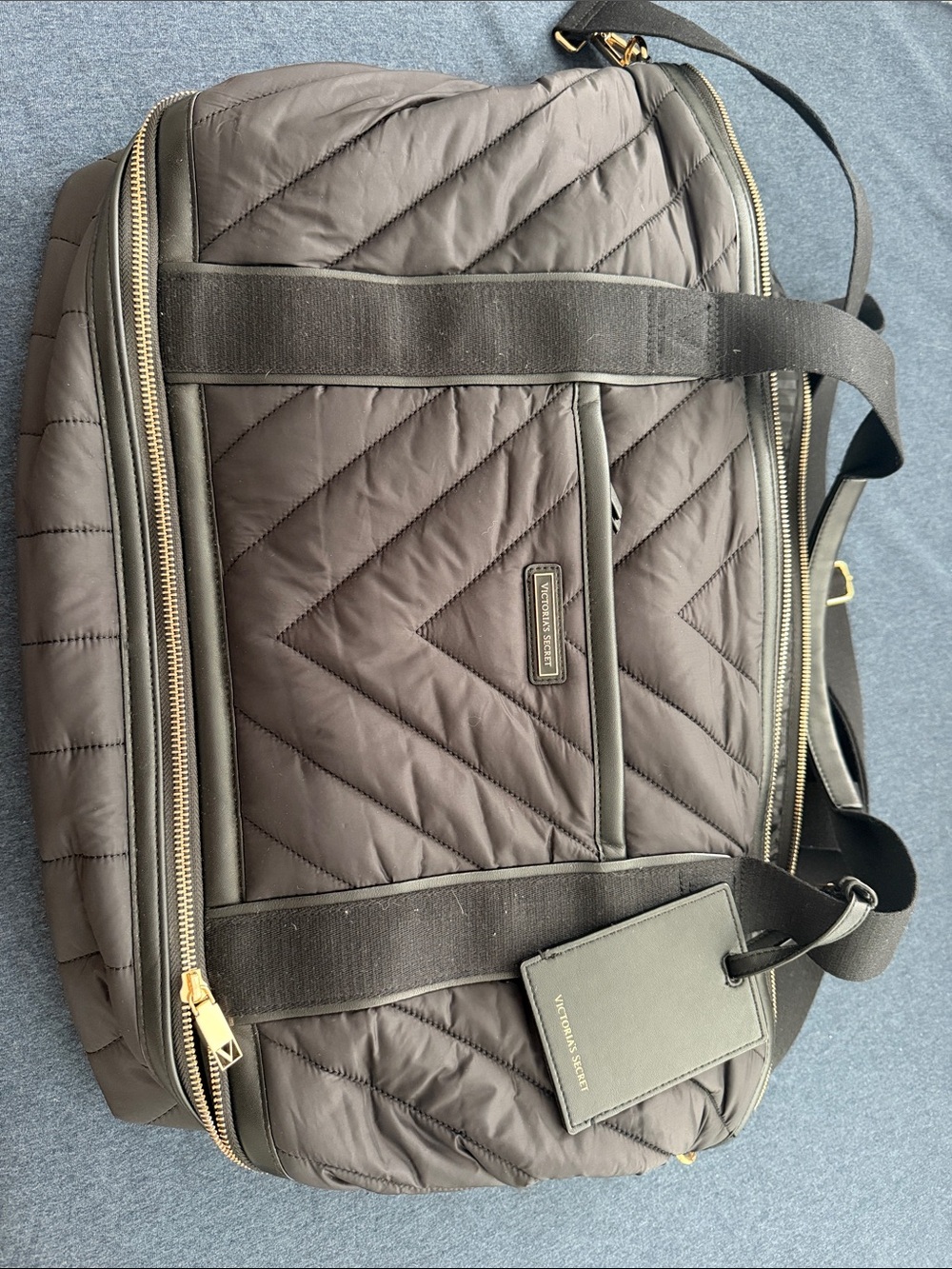 Victoria’s Secret Quilted Charcoal Duffel with Gold Hardware